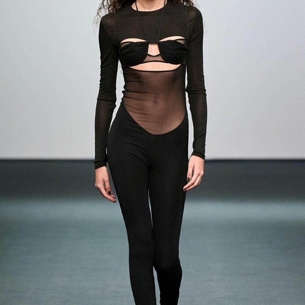 New Nensi Dojaka Draped Double Bra Fitted Jumpsuit in Black cutout sheer